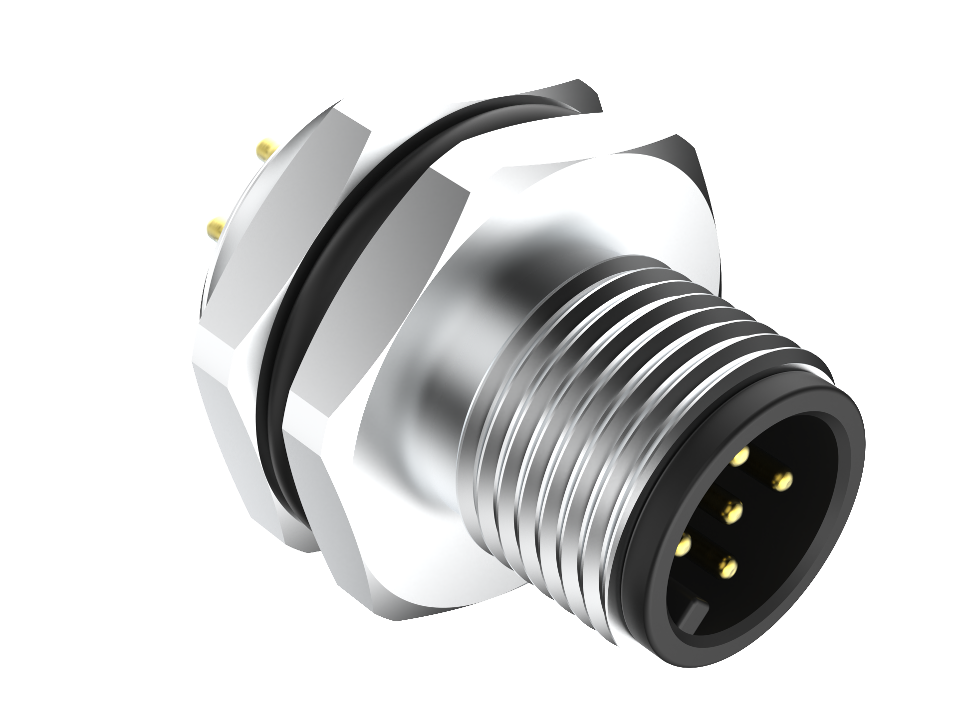 M12 A-编码 5芯 公头面板式法兰座 PCB焊针型 后端锁紧
